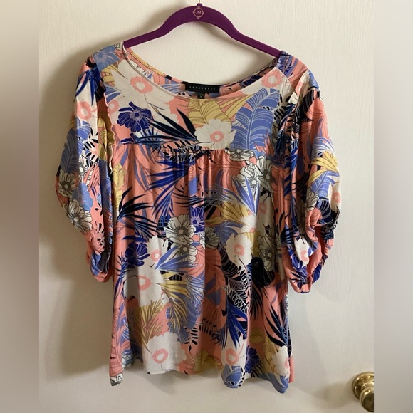 Sanctuary Tops - New— Sanctuary Tropical Floral Puffed-sleeve Blouse - Pink, Blue, Cream